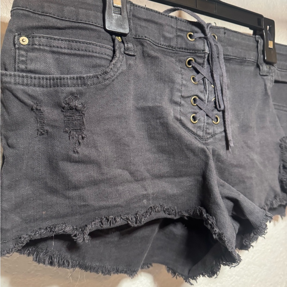 Billabong Black Jean Shorts with Distressed Lace-Up Design - Picture 7 of 8